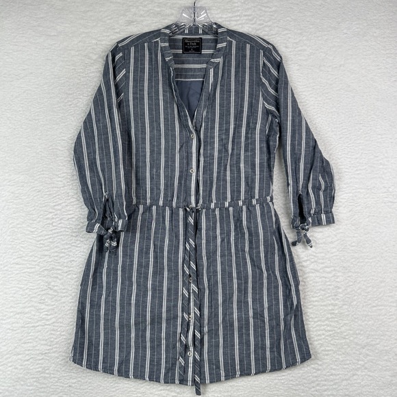 Abercrombie Fitch Tie-front Striped Shirt Dress Sz Small Y2K Cotton Linen Gray - Picture 1 of 12
